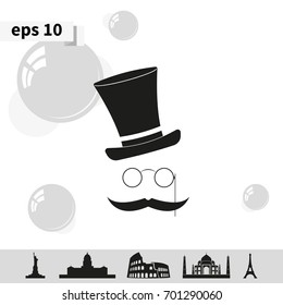 Mustache, glasses and a hat. Flat illustration.