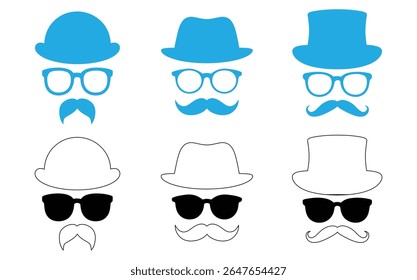 Bigode e Óculos com conjunto de ícones de chapéu. vetor Illustration.Set bigode, chapéus, óculos,Coleção de ícones de estilo hipster com chapéus, óculos e bigodes