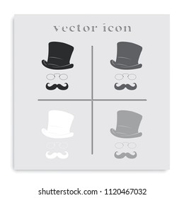 Mustache, glasses and a hat illustration. Gentleman flat black and white vector icon.