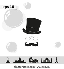 Mustache, glasses and a hat illustration. Gentleman icon.