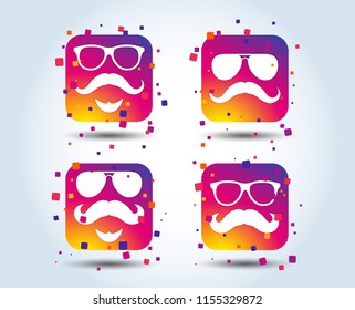 Mustache and Glasses icons. Hipster with beard symbols. Facial hair signs. Colour gradient square buttons. Flat design concept. Vector