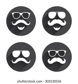 Mustache and Glasses icons. Hipster with beard symbols. Facial hair signs. Circles buttons with long flat shadow. Vector