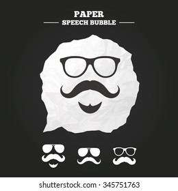 Mustache and Glasses icons. Hipster with beard symbols. Facial hair signs. Paper speech bubble with icon.
