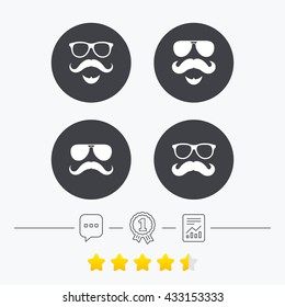Mustache and Glasses icons. Hipster with beard symbols. Facial hair signs. Chat, award medal and report linear icons. Star vote ranking. Vector