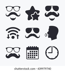 Mustache and Glasses icons. Hipster with beard symbols. Facial hair signs. Wifi internet, favorite stars, calendar and clock. Talking head. Vector