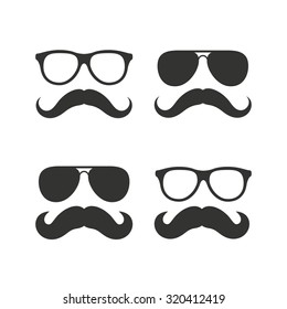 Mustache and Glasses icons. Hipster symbols. Facial hair signs. Flat icons on white. Vector