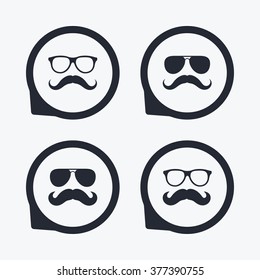 Mustache and Glasses icons. Hipster symbols. Facial hair signs. Flat icon pointers.