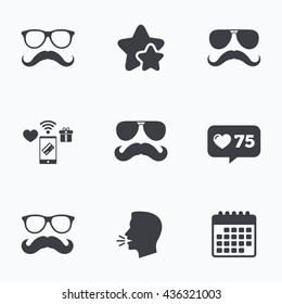 Mustache and Glasses icons. Hipster symbols. Facial hair signs. Flat talking head, calendar icons. Stars, like counter icons. Vector