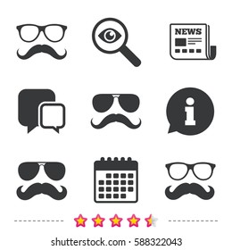 Mustache and Glasses icons. Hipster symbols. Facial hair signs. Newspaper, information and calendar icons. Investigate magnifier, chat symbol. Vector