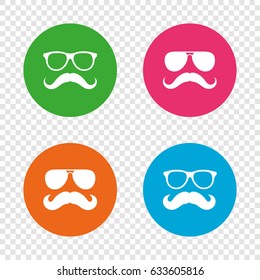 Mustache and Glasses icons. Hipster symbols. Facial hair signs. Round buttons on transparent background. Vector