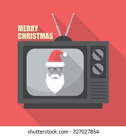 Mustache and Glasses of Santa in Retro Television. Merry Christmas Greeting Card