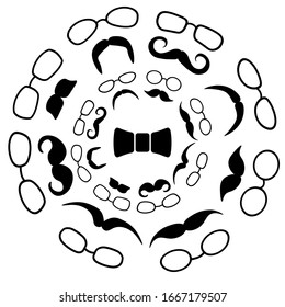 Mustache und Brille. Nahtloses Muster auf Stoff, Umhüllungspapier, Hintergrund, Tapete. Schwarz-Weiß.