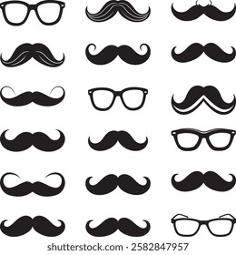 Mustache and Glasses Set, Vector set of hipster mustache with glasses,