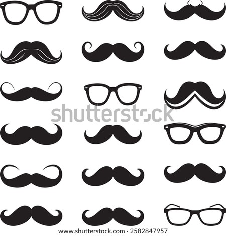 Mustache and Glasses Set, Vector set of hipster mustache with glasses,