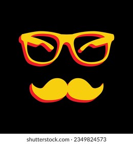 Mustache and Glasses sign. 3D Extruded Yellow Icon with Red Sides a Black background. Illustration.