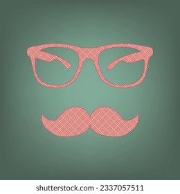 Mustache and Glasses sign. Apricot Icon with Brick Red parquet floor graphic pattern on a Ebony background. Feldgrau. Green. Illustration.