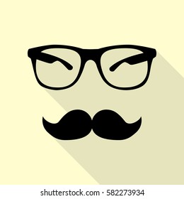 Mustache and Glasses sign. Black icon with flat style shadow path on cream background.