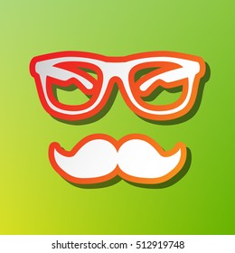 Mustache and Glasses sign. Contrast icon with reddish stroke on green backgound.