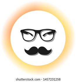 Mustache and Glasses sign. Dark icon with shadow on the glowing circle button. Illustration.