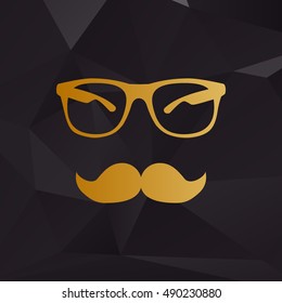 Mustache and Glasses sign. Golden style on background with polygons.