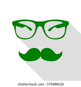 Mustache and Glasses sign. Green icon with flat style shadow path.