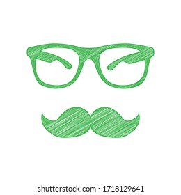 Mustache and Glasses sign. Green scribble Icon with solid contour on white background. Illustration.