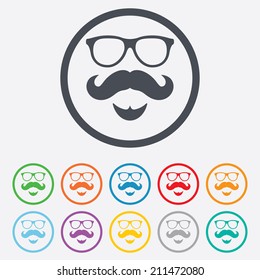 Mustache and Glasses sign icon. Hipster with beard symbol. Round circle buttons with frame. Vector