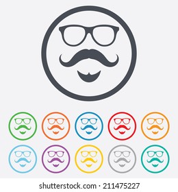 Mustache and Glasses sign icon. Hipster with beard symbol. Round circle buttons with frame. Vector