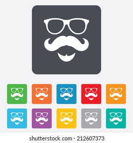 Mustache and Glasses sign icon. Hipster with beard symbol. Rounded squares 11 buttons. Vector
