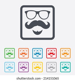 Mustache and Glasses sign icon. Hipster with beard symbol. Round squares buttons with frame. Vector