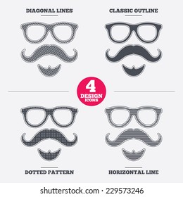 Mustache and Glasses sign icon. Hipster with beard symbol. Diagonal and horizontal lines, classic outline, dotted texture. Pattern design icons.  Vector