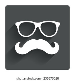 Mustache and Glasses sign icon. Hipster symbol. Gray flat square button with shadow. Modern UI website navigation. Vector