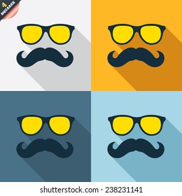 Mustache and Glasses sign icon. Hipster symbol. Four squares. Colored Flat design buttons. Vector