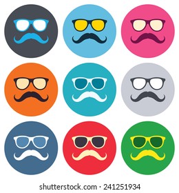 Mustache and Glasses sign icon. Hipster symbol. Colored round buttons. Flat design circle icons set. Vector