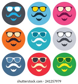 Mustache and Glasses sign icon. Hipster with beard symbol. Colored round buttons. Flat design circle icons set. Vector