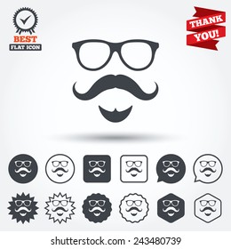 Mustache and Glasses sign icon. Hipster with beard symbol. Circle, star, speech bubble and square buttons. Award medal with check mark. Thank you ribbon. Vector