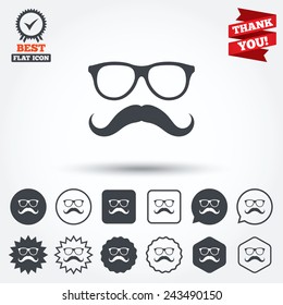Mustache and Glasses sign icon. Hipster symbol. Circle, star, speech bubble and square buttons. Award medal with check mark. Thank you ribbon. Vector