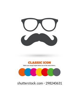 Mustache and Glasses sign icon. Hipster symbol. Classic flat icon. Colored circles. Vector