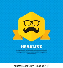 Mustache and Glasses sign icon. Hipster symbol. Yellow label tag. Circles seamless pattern on back. Vector