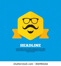 Mustache and Glasses sign icon. Hipster with beard symbol. Yellow label tag. Circles seamless pattern on back. Vector