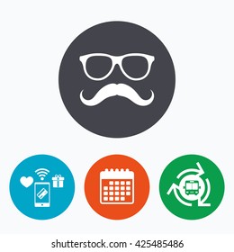 Mustache and Glasses sign icon. Hipster symbol. Mobile payments, calendar and wifi icons. Bus shuttle.