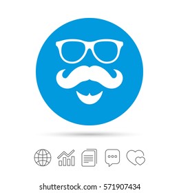 Mustache and Glasses sign icon. Hipster with beard symbol. Copy files, chat speech bubble and chart web icons. Vector