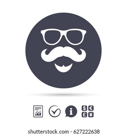 Mustache and Glasses sign icon. Hipster with beard symbol. Report document, information and check tick icons. Currency exchange. Vector