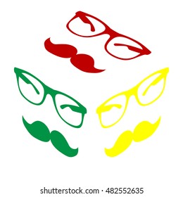 Mustache and Glasses sign. Isometric style of red, green and yellow icon.