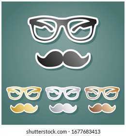 Mustache and Glasses sign. Set of metallic Icons with gray, gold, silver and bronze gradient with white contour and shadow at viridan background. Illustration.