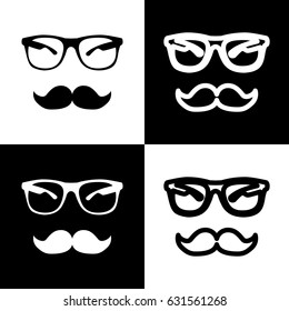 Mustache and Glasses sign. Vector. Black and white icons and line icon on chess board.