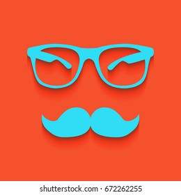 Mustache and Glasses sign. Vector. Blue icon with soft shadow putted down on flamingo background.