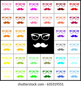 Mustache and Glasses sign. Vector. Felt-pen 33 colorful icons at white and black backgrounds. Colorfull.