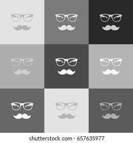 Mustache and Glasses sign. Vector. Grayscale version of Popart-style icon.