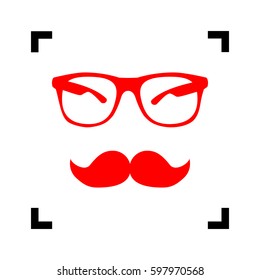 Mustache and Glasses sign. Vector. Red icon inside black focus corners on white background. Isolated.